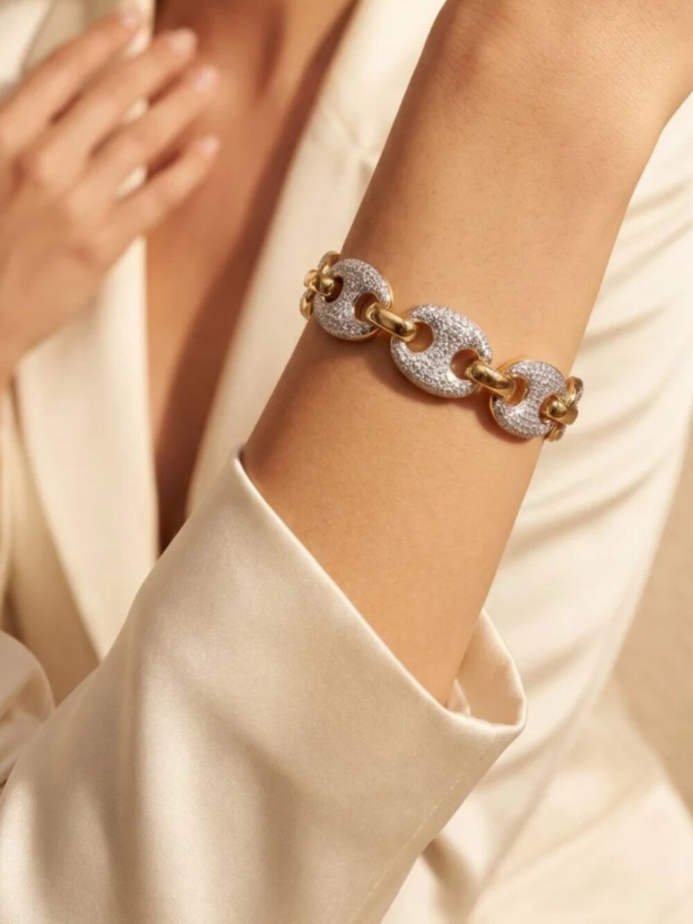 Two-Tone Pave Mariner Style Link 18K Gold Filled Bracelet - New Luxe Line - Picture 2 of 6